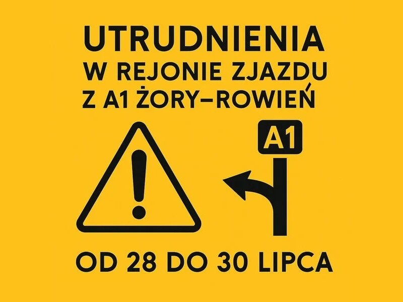 Informacja odnośnie utrudnień w rejonie zjazdu z A1 Żory–Rowień – od 28 do 30 lipca br.