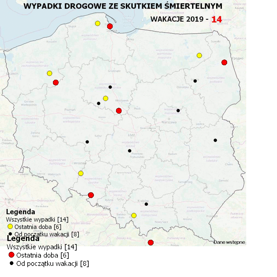 Mapa wypadków ze skutkiem śmiertelnym - Wakacje 2019