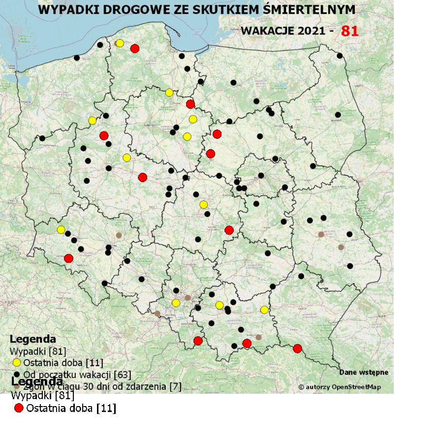 Policyjna mapa wypadków drogowych ze skutkiem śmiertelnym - wakacje 2021